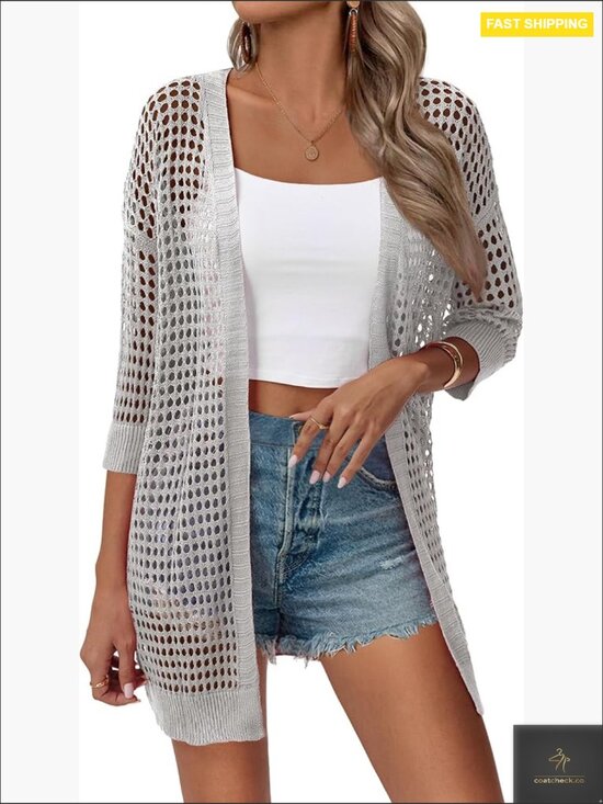 Sweaters - Crochet Lightweight Cardigan Short Sleeve Boho Kimono Oversized Open Front